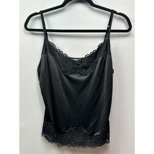 Black Satin Lace Trim Camisole Womens Small Adjustable Strap V-Neck Cami Top VTG